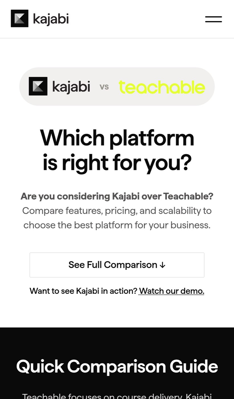 Mobile overview of the Kajabi versus Teachable destination